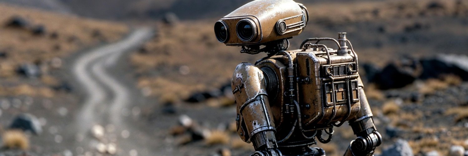 Pathfinder, a bronze robot beside a winding desert road